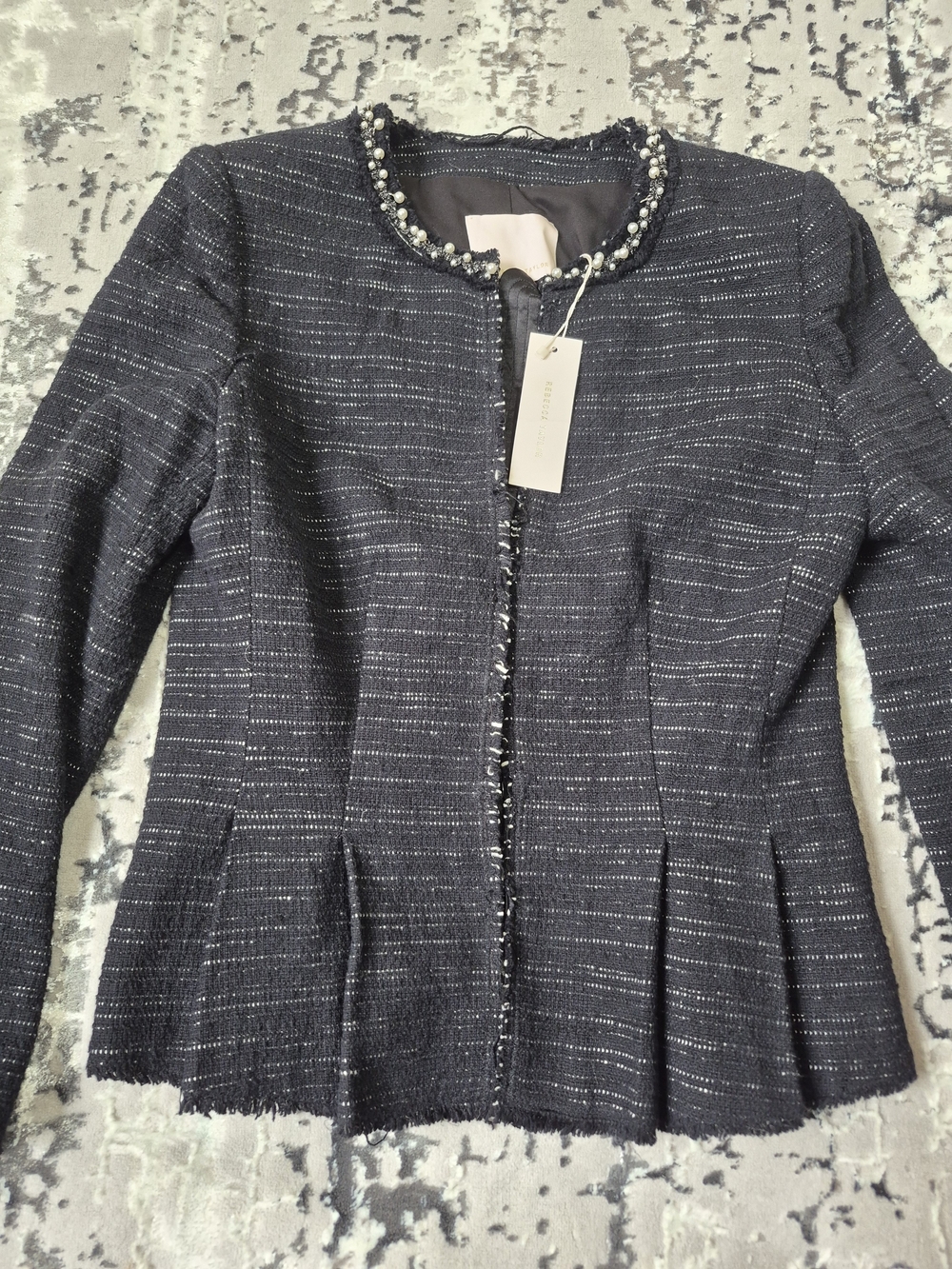 NWT Rebecca Taylor Black Tweed Pearl Embellished Peplum Jacket 718531J847 Size 4